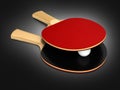 Ping-pong rackets and ball on black gradient background 3d Royalty Free Stock Photo
