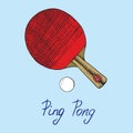 Ping pong red paddle and ball, hand drawn doodle sketch with inscription, isolated vector color illustration Royalty Free Stock Photo