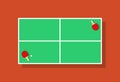 Ping pong table. Tennis table with racket and ball. Top view equipment. Game and tournament. Green cartoon pingpong court isolated