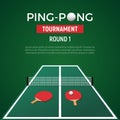 Ping pont tennis tournament poster background. Ping pong table with ball racket championship green illustration