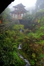 Pagoda and waterfall in the mist, Ping'an Village Guangxi China