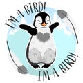 Cute baby hugging penguin, cartoon drawn smile animal, on arctic background, editable vector illustration Royalty Free Stock Photo