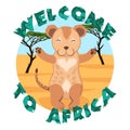 Cute baby hugging lion, cartoon drawn smile animal, on safari africa background, welcome to africa slogan, vector Royalty Free Stock Photo