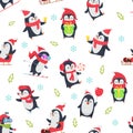 Pinguin seamless pattern. Cartoon textile design with vector illustration of winter snow wild cute animal in various