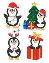 Set of cartoon Christmas and New Year Penguin characters. Cute Penguins in gift box, garland, candy cane, Christmas tree