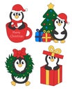 Set of cartoon Christmas and New Year Penguin characters. Cute Penguins in cup and in gift box, wreath, Christmas tree Royalty Free Stock Photo