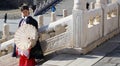 PINGYAO,SHANXI CHINA, November 15, 2019: beautiful Asian woman in Chinese costume clothes or kimono standing in front of Temple Royalty Free Stock Photo