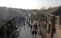 Pingyao in Shanxi Province China: View overlooking a street with traditional buildings and street vendors in Pingyao old town