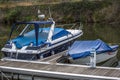 View of a jet boats on the Pinhao city marina with Douro river on background