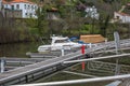 View of a jet boats on the Pinhao city marina with Douro river on background