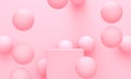 Pink abstract background with flying bubbles and podium. 3d rendering