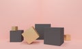 Pink abstract background with gold and black podium cube. 3d rendering