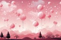 Pink abstract surreal background with stars, balls and unreal landscape. Pink dreams.