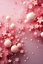 Pink abstract surreal background with stars, balls and unreal landscape. Pink dreams.