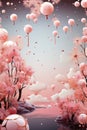 Pink abstract surreal background with stars, balls and unreal landscape. Pink dreams. Royalty Free Stock Photo