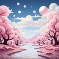 Pink abstract surreal background with stars, balls and unreal landscape. Pink dreams.