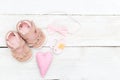 Pink accessories and shoes for baby girl. Copy space