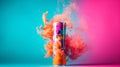 Pink aerosol can with colored powder cloud stock photo in the bright orange and teal style, high-quality image, multicolored