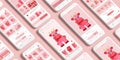 Pink aesthetic mobile app design featuring cute cartoon cow character and user interface elements for social media platform Royalty Free Stock Photo