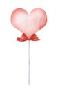 Pink air balloon in the shape of a heart on a white plastic stick with a magnificent red bow. Decorative element. Hand-drawn