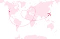 A pink airplane flying over a pink world map. Dashed route line in the form of a heart. Vector illustration Royalty Free Stock Photo