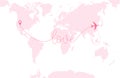 A pink airplane flying over a pink world map. Dashed route line in the form of word \