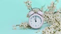 Pink alarm clock and delicate little white flowers on blue background. Top view. Time for love and greetings. Spring Royalty Free Stock Photo