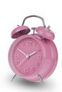 Pink alarm clock with the hands at 10 and 2 am or pm isolated on a white background