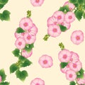 Pink Alcea Rosea - hollyhocks, Aoi on Beige Ivory Background. Vector Illustration