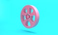 Pink Alloy wheel for car icon isolated on turquoise blue background. Minimalism concept. 3D render illustration