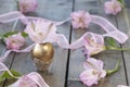 Pink alstroemeria flower in a golden egg on a wooden background with pink flowers and pink ribbon. Happy Easter concept Royalty Free Stock Photo