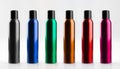 Set of colorful, beauty aerosol cans of aluminum with caps. Cosmetic hairspray bottles. Isolated on white background. Royalty Free Stock Photo