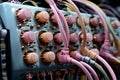 Pink analog control panel in the command center, devices for industrial and scientific research, in the style of retro Royalty Free Stock Photo