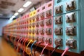 Pink analog control panel in the command center, devices for industrial and scientific research, in the style of retro Royalty Free Stock Photo