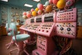 Pink analog control panel in the command center, devices for industrial and scientific research, in the style of retro Royalty Free Stock Photo