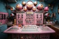 Pink analog control panel in the command center, devices for industrial and scientific research, in the style of retro Royalty Free Stock Photo