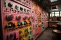 Pink analog control panel in the command center, devices for industrial and scientific research, in the style of retro Royalty Free Stock Photo