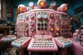 Pink analog control panel in the command center, devices for industrial and scientific research, in the style of retro Royalty Free Stock Photo