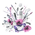 Pink anemone flowers and various decorative and skin care cosmetics. Watercolor illustration, hand drawn. Isolated Royalty Free Stock Photo