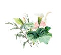 Pink anthurium, white calla lily, cedar, green hydrangea, calathea, greenery design bouquet Royalty Free Stock Photo