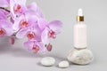 Pink anti-aging collagen, facial serum in transparent glass bottle with gold pipette on stone and natural orchid flower, grey Royalty Free Stock Photo