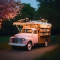 Pink antique truck parked amidst a quaint setting