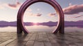 A pink arch with a sunset in the background. Generative AI image.