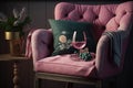 pink armchair with decorative pillow and glass of wine on wooden table Royalty Free Stock Photo