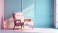 A pink armchair in a pastel room with sunlight streaming through a window. Generative AI Royalty Free Stock Photo