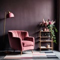 a pink armchair standing on a rug and under a lamp in spacious living room interior, Royalty Free Stock Photo