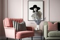 pink armchair with striped throw pillow and modern art print on the wall