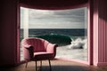 a pink armchair on a terrace overlooking the ocean, with a view of crashing waves