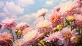 Pink asters growing in nature against a bright blue sky with small fluffy clouds. Close-up of pink flowering plants. Royalty Free Stock Photo