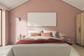 Pink attic bedroom with horizontal poster Royalty Free Stock Photo